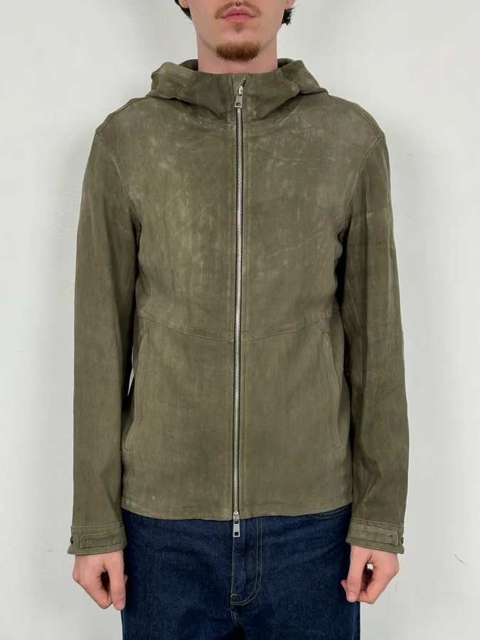 Giorgio Brato Olive Avant-Garde Leather Zip Hooded Jacket - Image 2