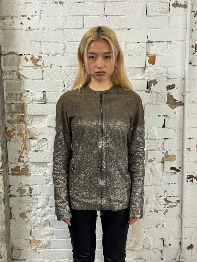 Giorgio Brato Silver Leather Crackle Biker Jacket - Image 2