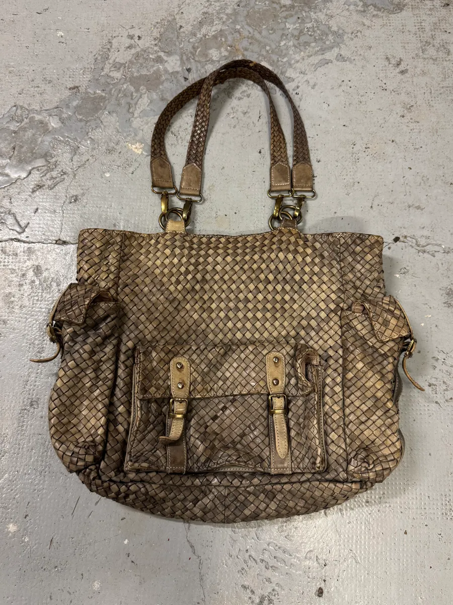 Giorgio Brato Woven Beige Leather Cargo Handle Bag