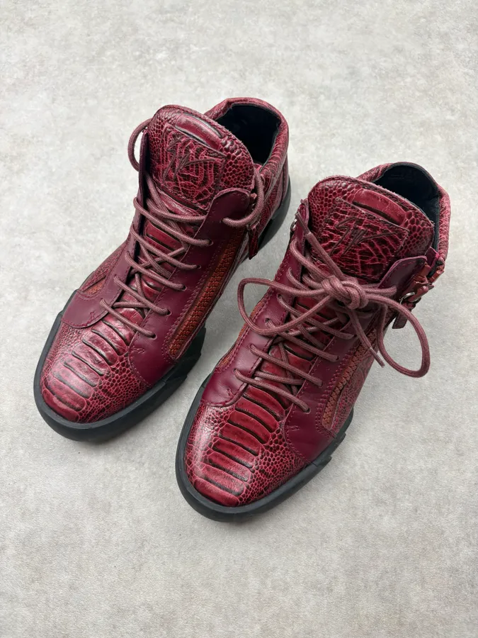 Giuseppe Zanotti Bordeaux Leather Embossed Exotic Dual Zip High Sneakers - Image 3