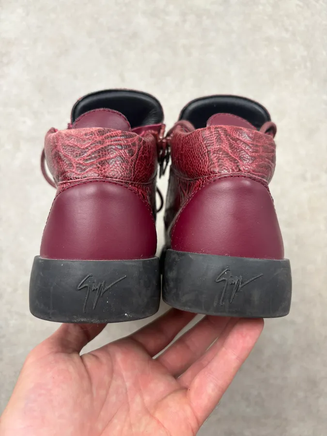 Giuseppe Zanotti Bordeaux Leather Embossed Exotic Dual Zip High Sneakers - Image 7