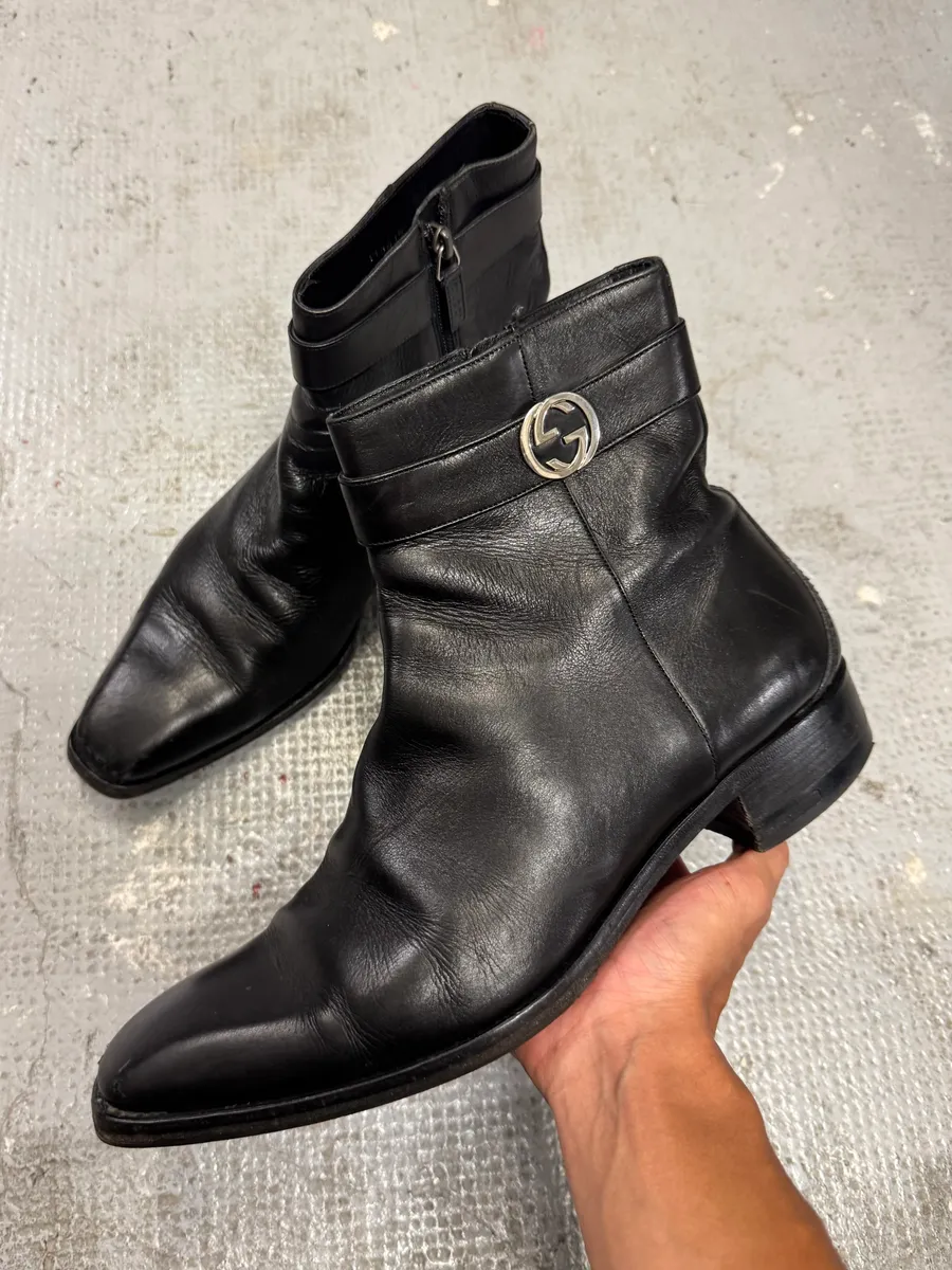 Gucci Black Leather Signature Ankle Boots