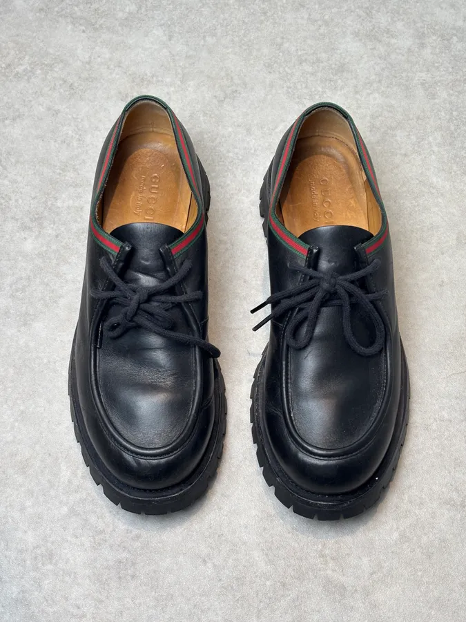 Gucci Black Leather Web Derby Shoes - Image 4
