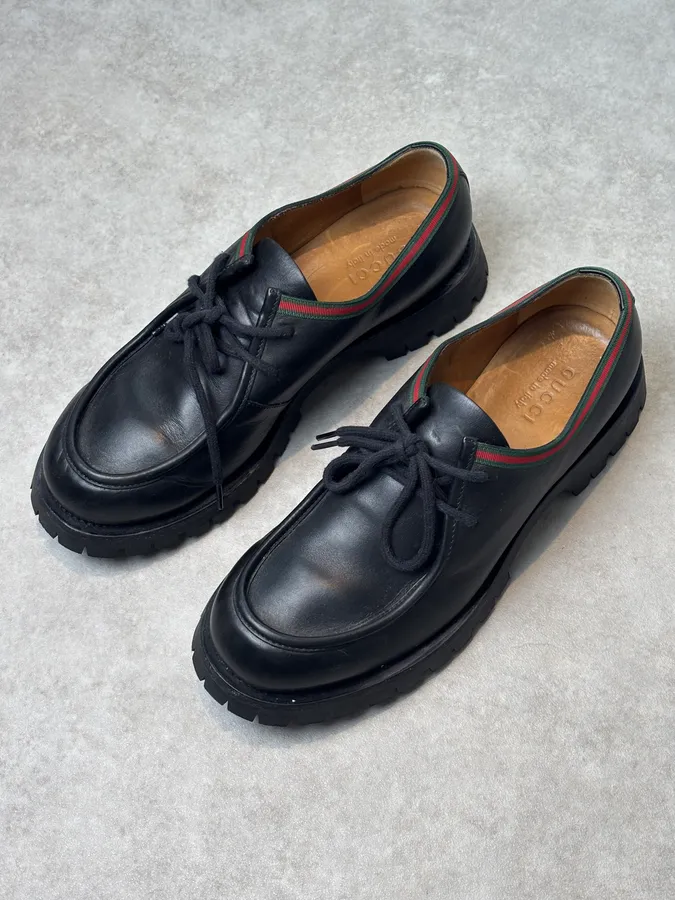 Gucci Black Leather Web Derby Shoes - Image 5