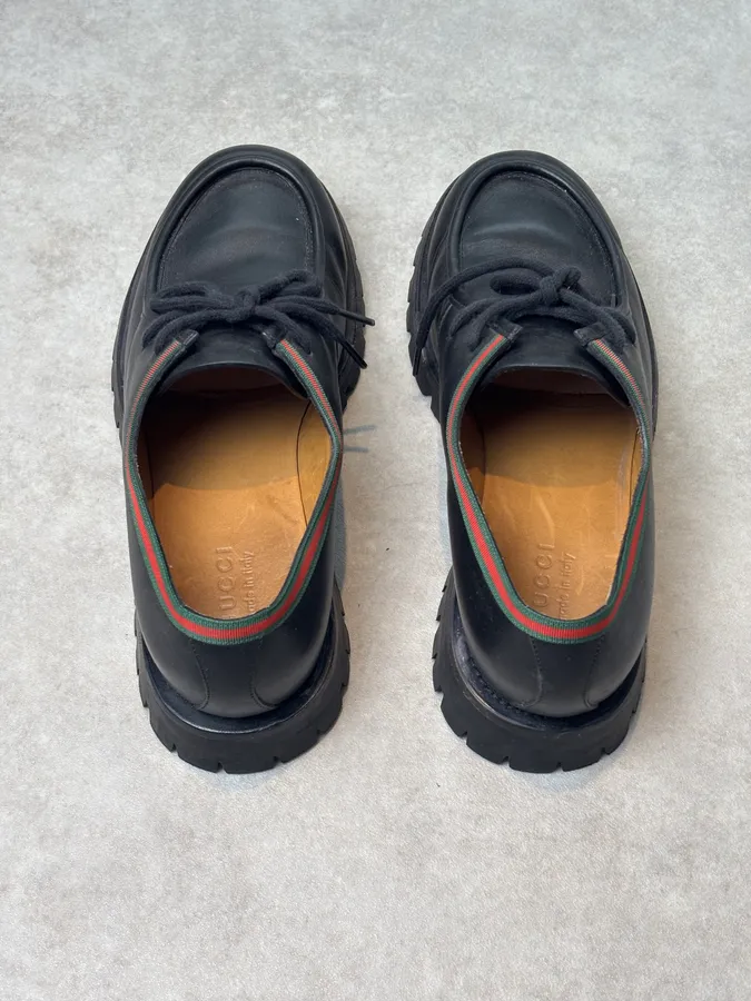 Gucci Black Leather Web Derby Shoes - Image 6