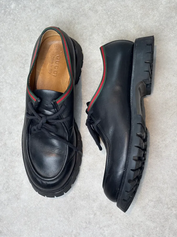 Gucci Black Leather Web Derby Shoes - Image 7