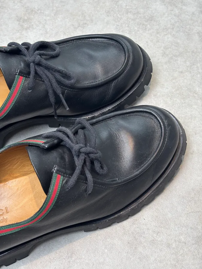 Gucci Black Leather Web Derby Shoes - Image 8