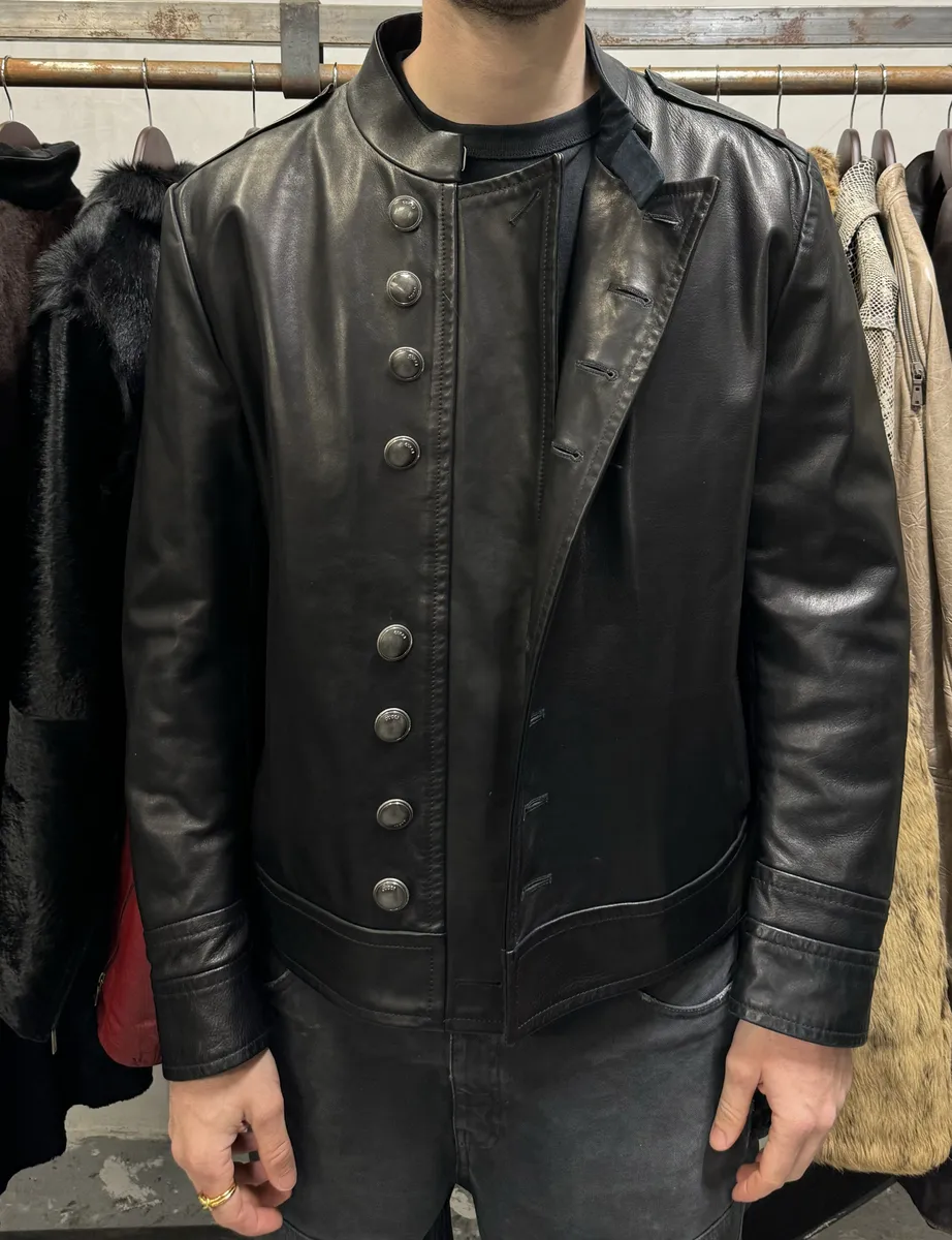 Gucci Black Premium Buttoned Naval Leather Jacket - Image 4