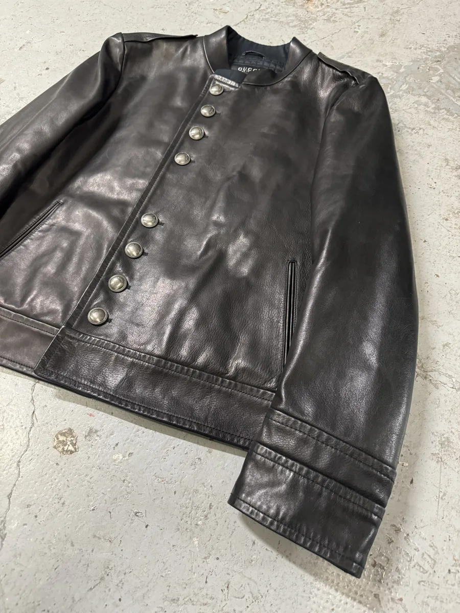 Gucci Black Premium Buttoned Naval Leather Jacket - Image 7