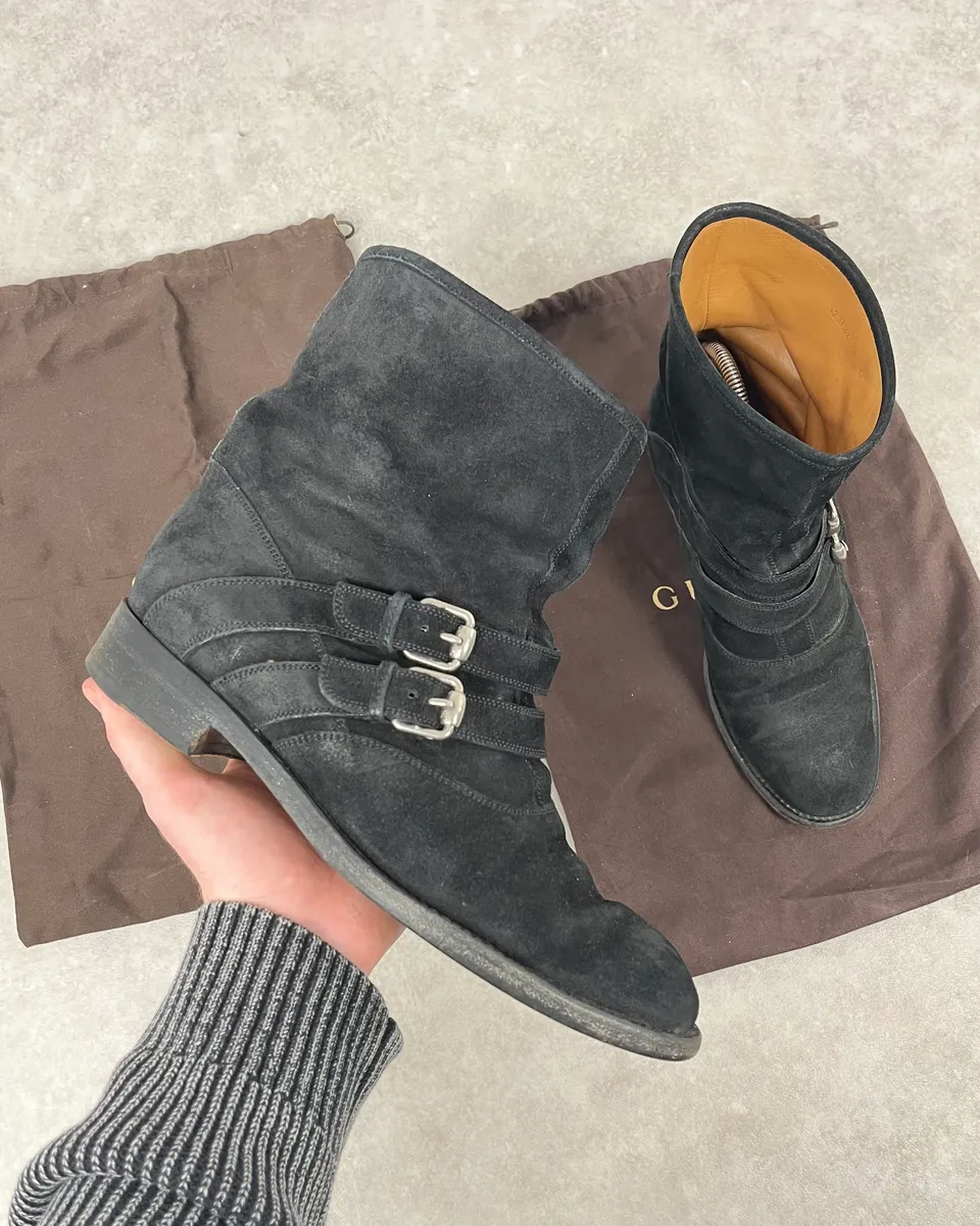 Gucci Black Two Buckle Suede Leather Boots