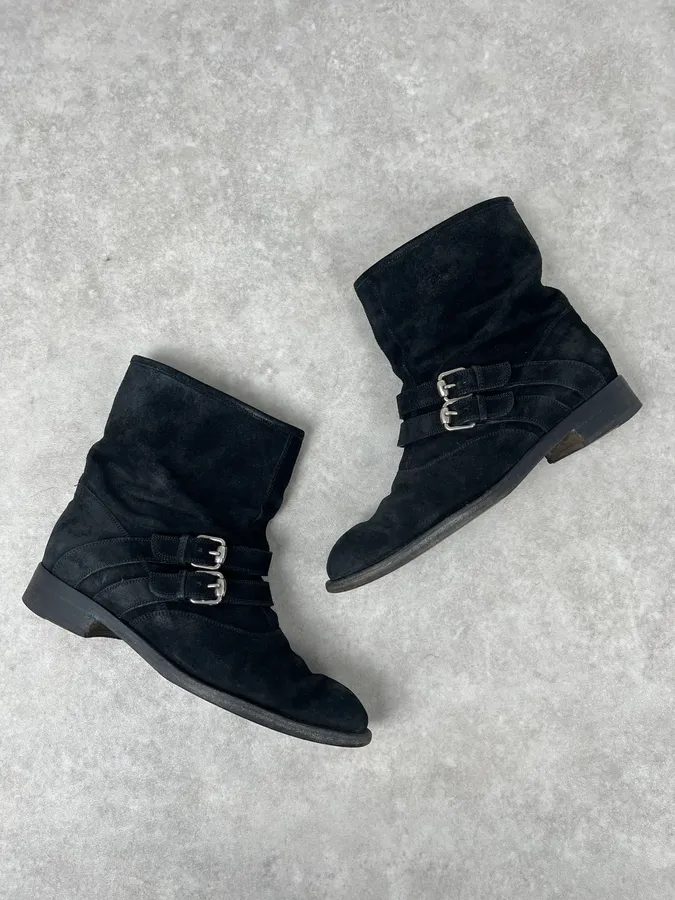 Gucci Black Two Buckle Suede Leather Boots - Image 3