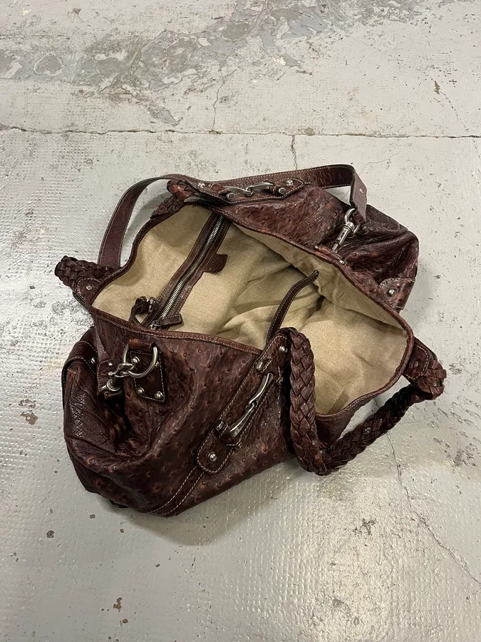 Gucci Hobo Ostrich Embossed Brown Bordeaux Leather Bag - Image 11