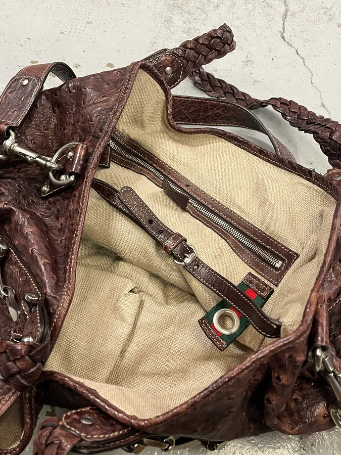 Gucci Hobo Ostrich Embossed Brown Bordeaux Leather Bag - Image 15