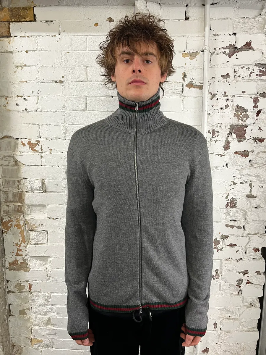 Gucci Italian Grey Wool Zip-Up Sweater - Image 2