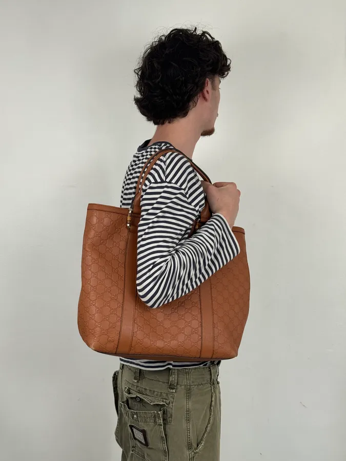 Gucci Light Camel Brown Leather Monogram Bag - Image 2