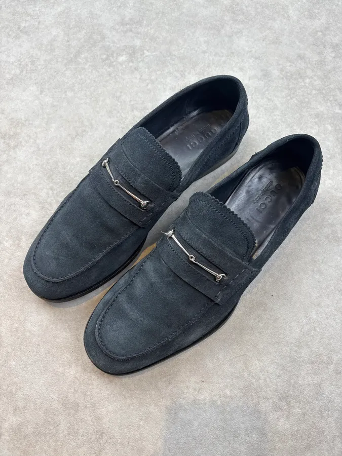 Gucci Navy Blue Suede Horsebit Loafers - Image 3