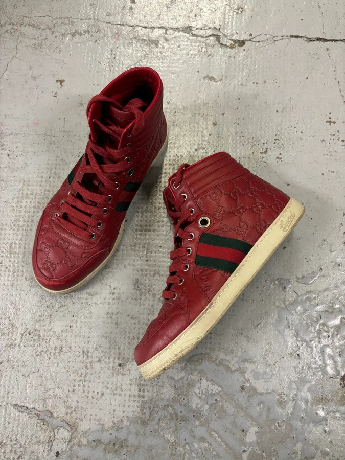 Gucci Red Leather GG Monogram High Sneakers - Image 3