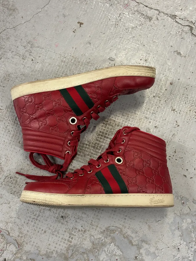 Gucci Red Leather GG Monogram High Sneakers - Image 9