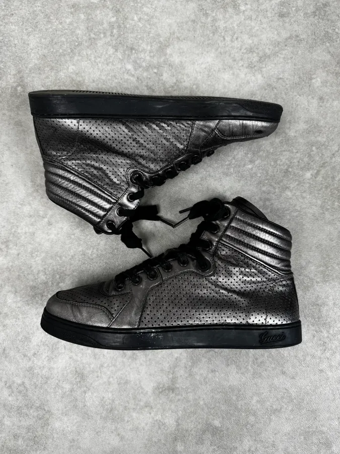 Gucci Silver Perforated Leather High-Top Sneakers - Image 4