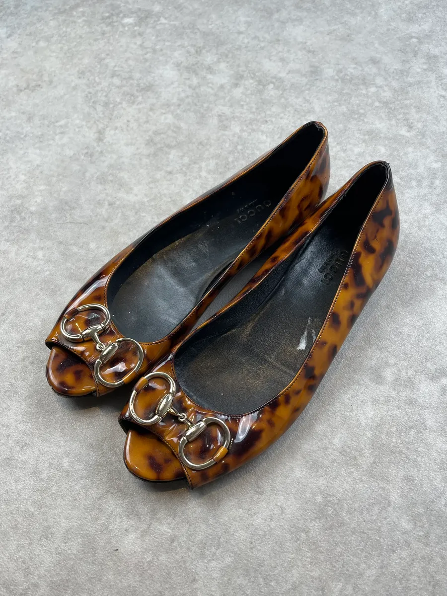 Gucci Tortoiseshell Patent Leather Peep Toe Ballerina Flats - Image 2