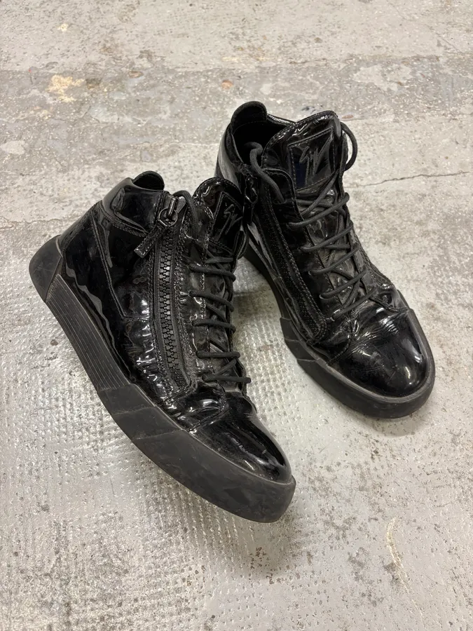 Guiseppe Zanotti Shiny Black Leather Zip High Sneakers - Image 5