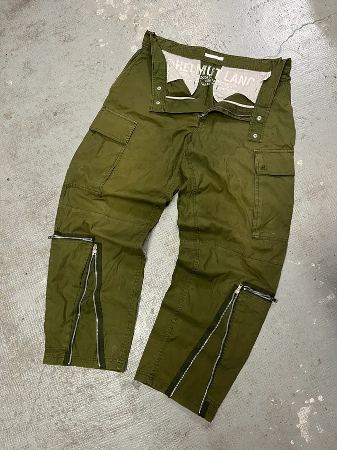 Helmut Lang Olive Military Multi Zips Cargo Pants - Image 6