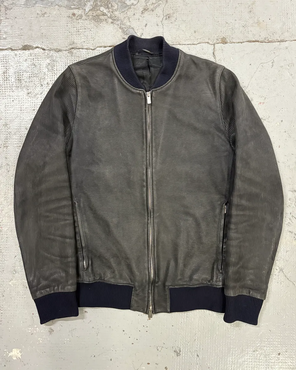 Hermès Navy Ribbed Texture Premium Leather Bomber Jacket