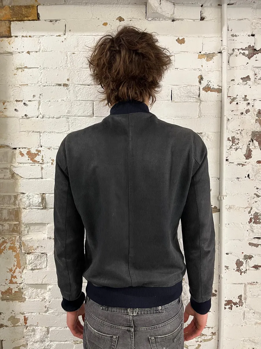Hermès Navy Ribbed Texture Premium Leather Bomber Jacket - Image 3