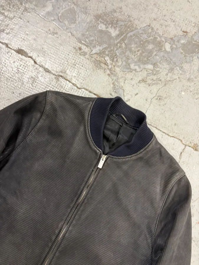 Hermès Navy Ribbed Texture Premium Leather Bomber Jacket - Image 4