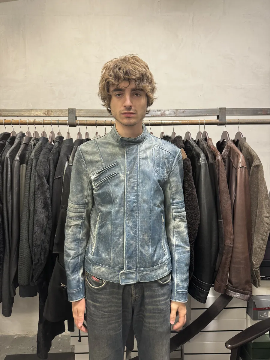 Hugo Boss Biker Eroded Blue Patina Leather Jacket - Image 2
