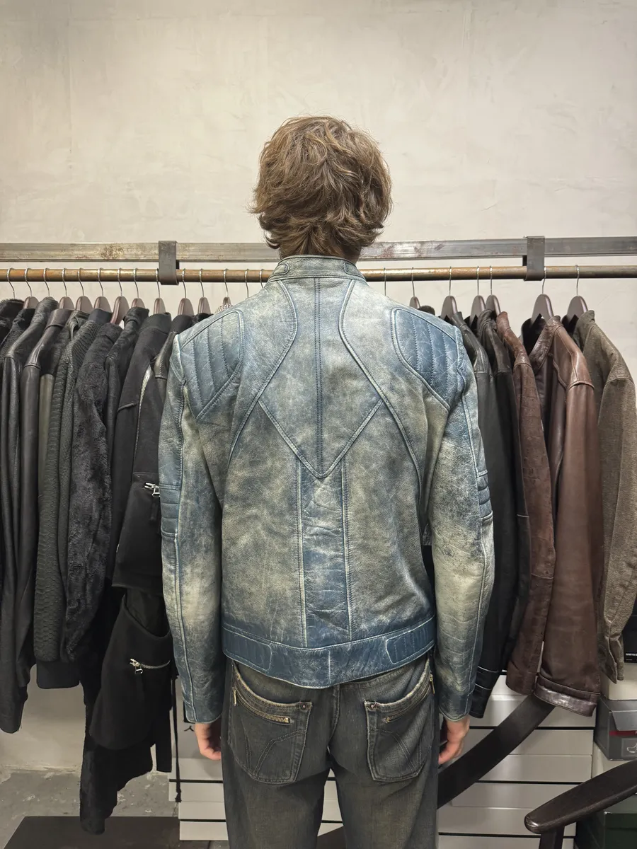Hugo Boss Biker Eroded Blue Patina Leather Jacket - Image 3
