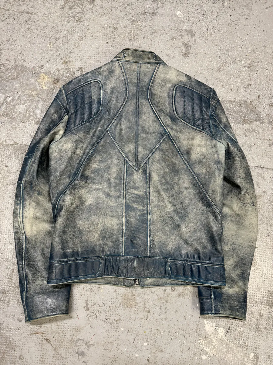 Hugo Boss Biker Eroded Blue Patina Leather Jacket - Image 4