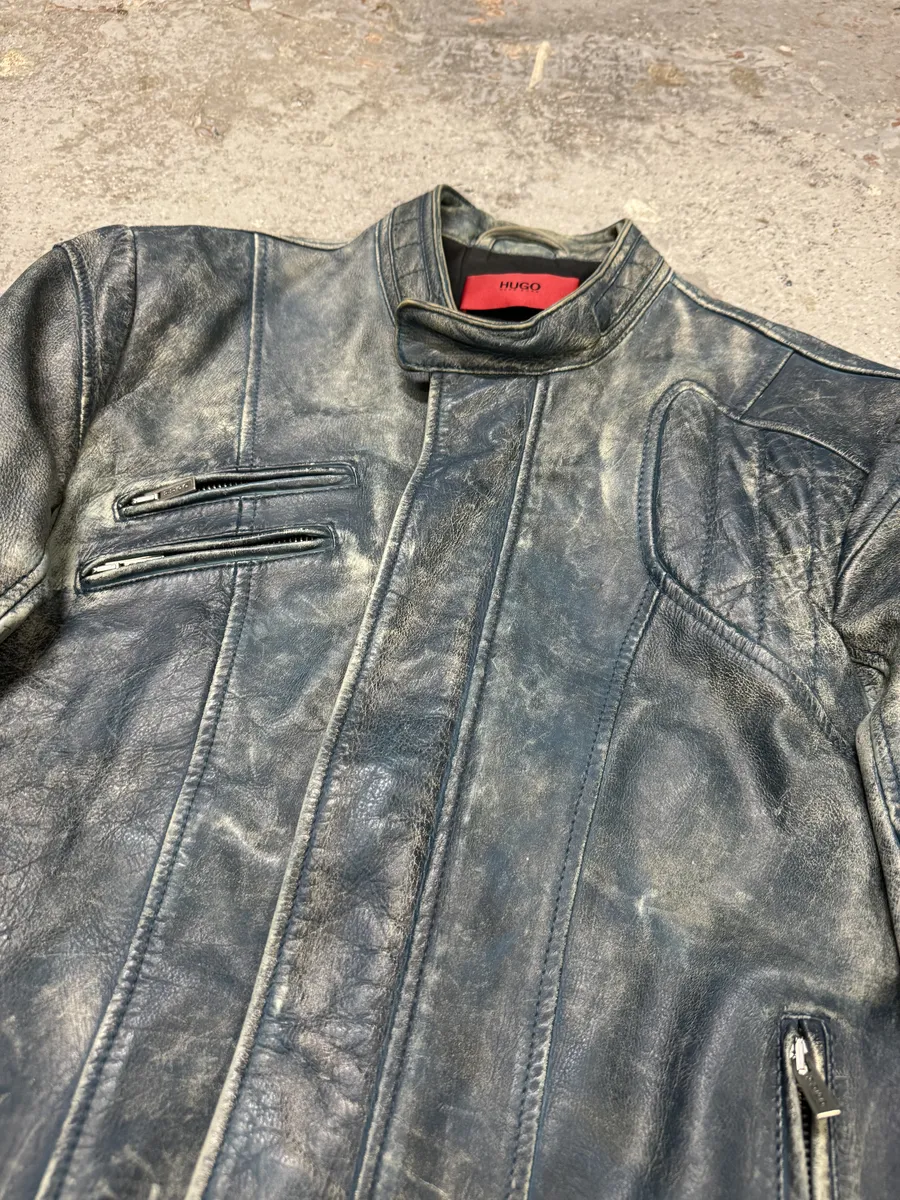 Hugo Boss Biker Eroded Blue Patina Leather Jacket - Image 5