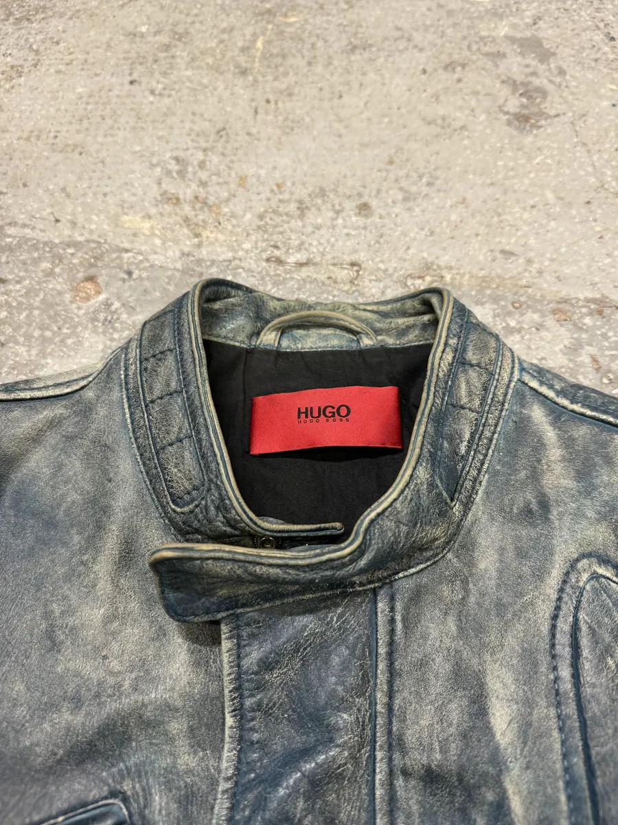Hugo Boss Biker Eroded Blue Patina Leather Jacket - Image 9