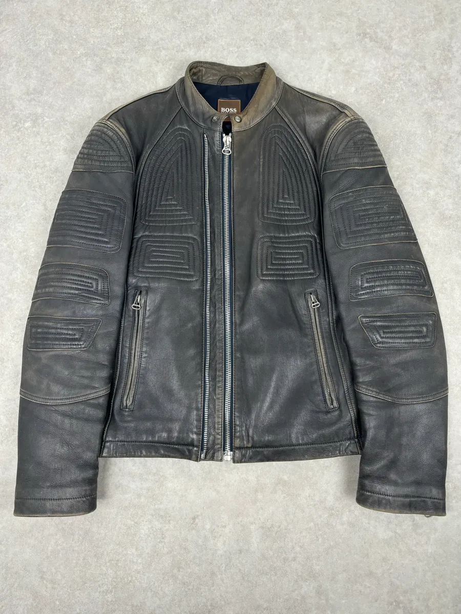 Hugo Boss Plastron Relief Grey Eroded Leather Biker Jacket