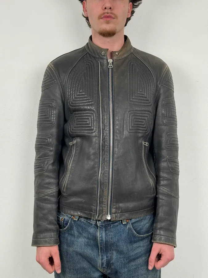 Hugo Boss Plastron Relief Grey Eroded Leather Biker Jacket - Image 2