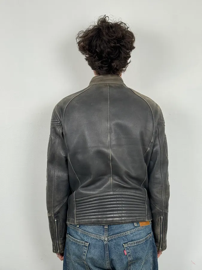 Hugo Boss Plastron Relief Grey Eroded Leather Biker Jacket - Image 3
