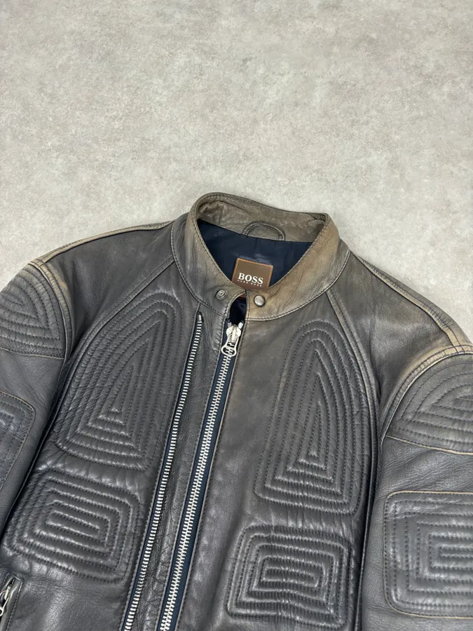 Hugo Boss Plastron Relief Grey Eroded Leather Biker Jacket - Image 4