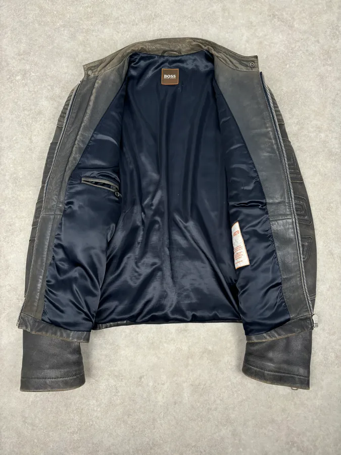 Hugo Boss Plastron Relief Grey Eroded Leather Biker Jacket - Image 7