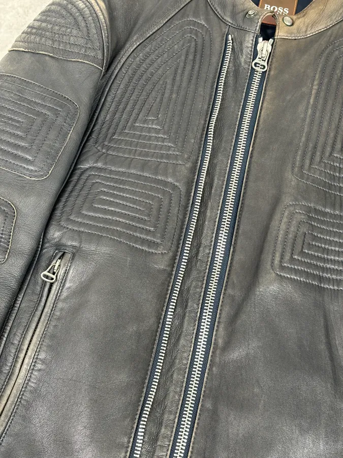 Hugo Boss Plastron Relief Grey Eroded Leather Biker Jacket - Image 8