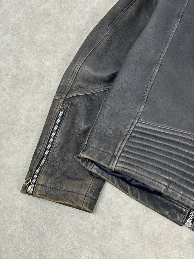 Hugo Boss Plastron Relief Grey Eroded Leather Biker Jacket - Image 9