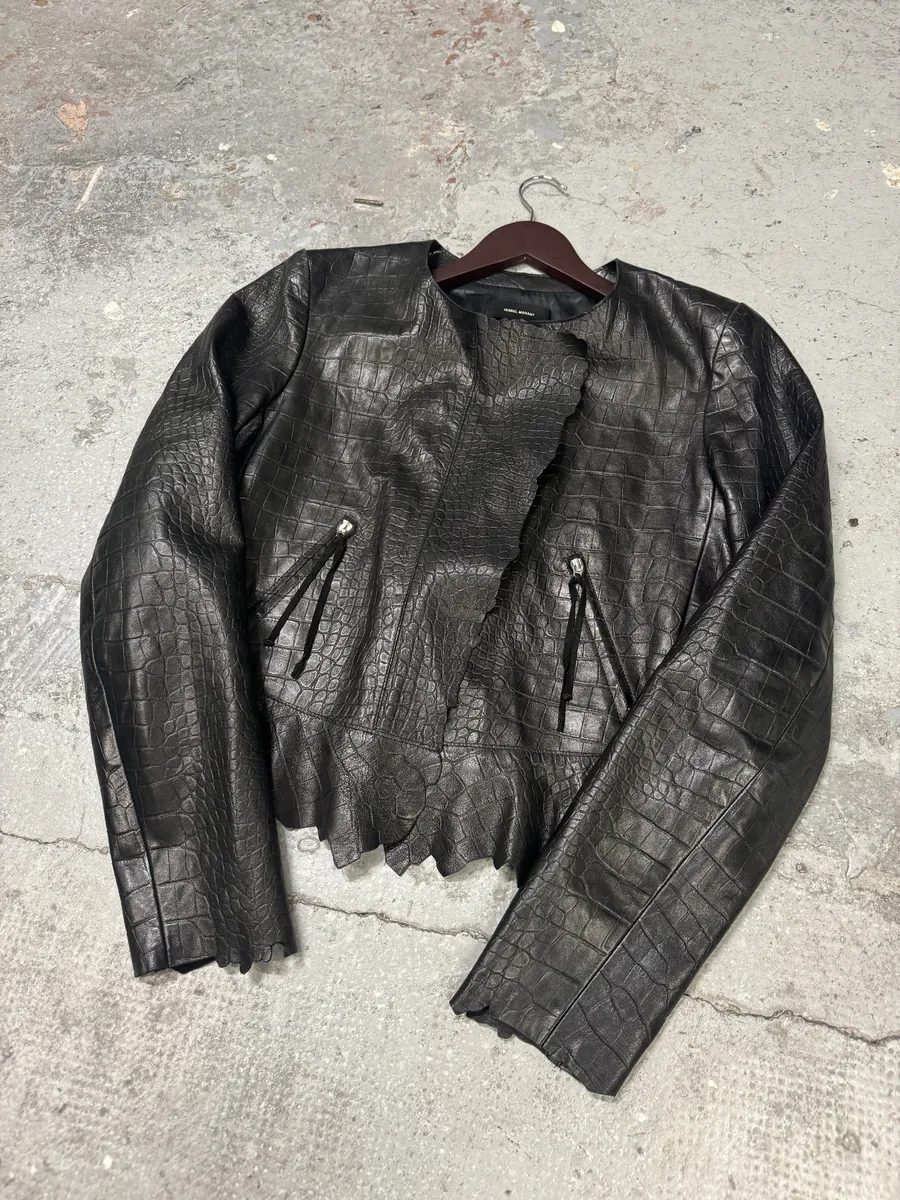 Isabel Marant Destructured Black Sheepskin Leather Crocodile Effect Jacket - Image 4