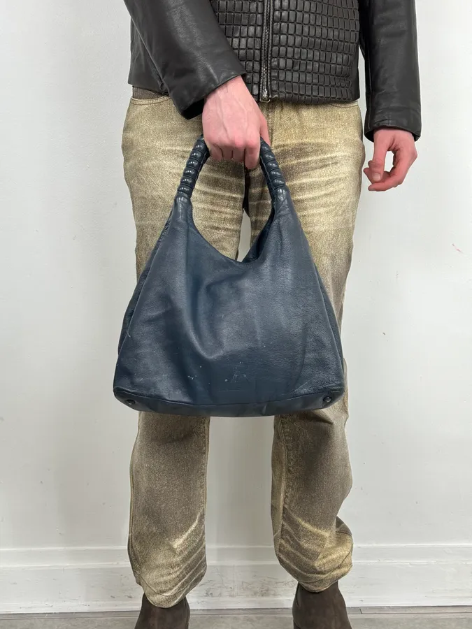 Jil Sander Navy Leather Hobo Bag with Wrapped Handle - Image 2