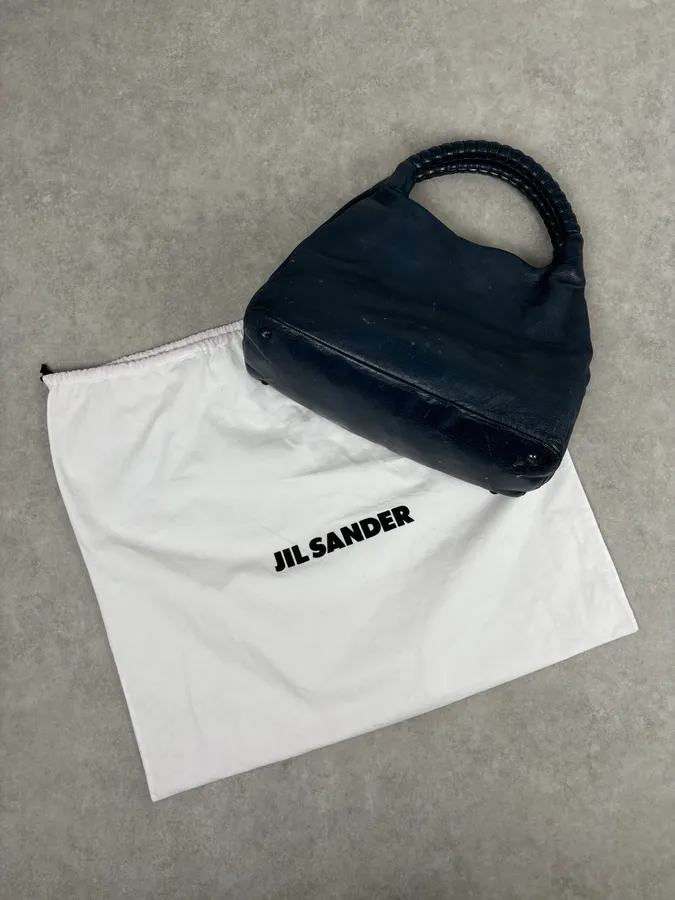 Jil Sander Navy Leather Hobo Bag with Wrapped Handle - Image 4