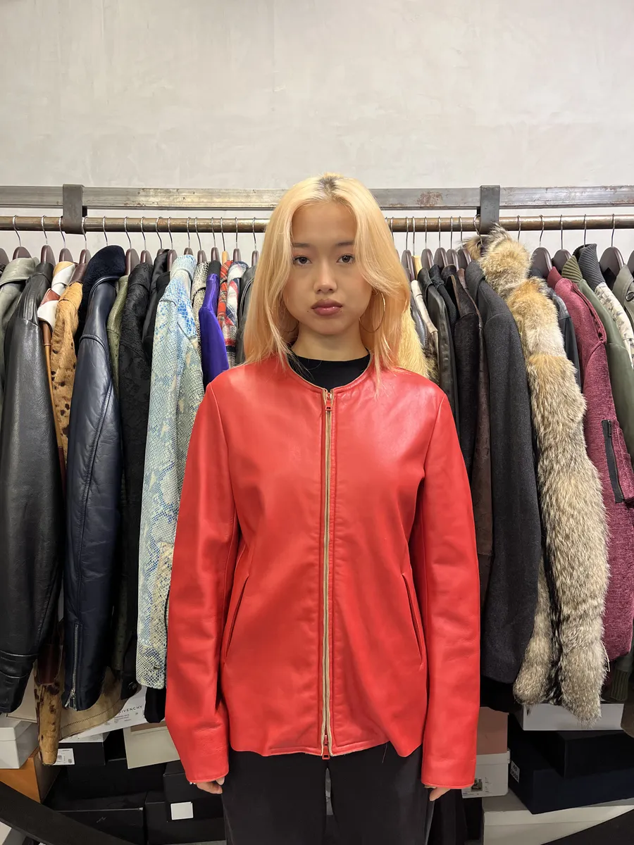 Jil Sander Red Premium Biker Leather Jacket - Image 3