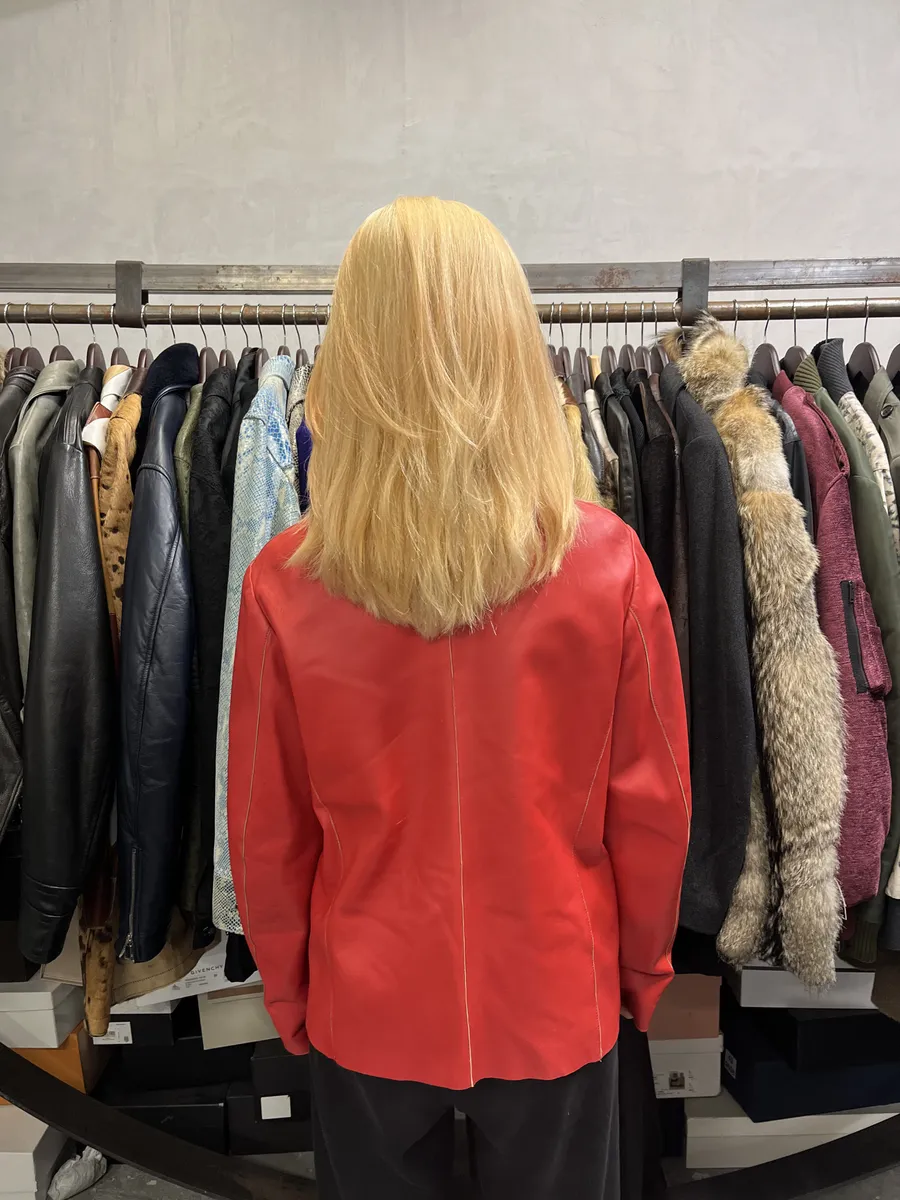 Jil Sander Red Premium Biker Leather Jacket - Image 4