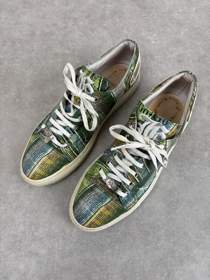 John Galliano Green Magazine Textile Patterned Sneakers - Image 3