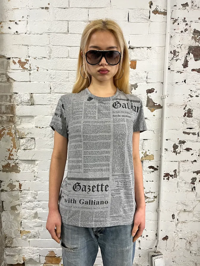 John Galliano Grey & Black V Neck Magazine Newspapers T-Shirt - Image 2