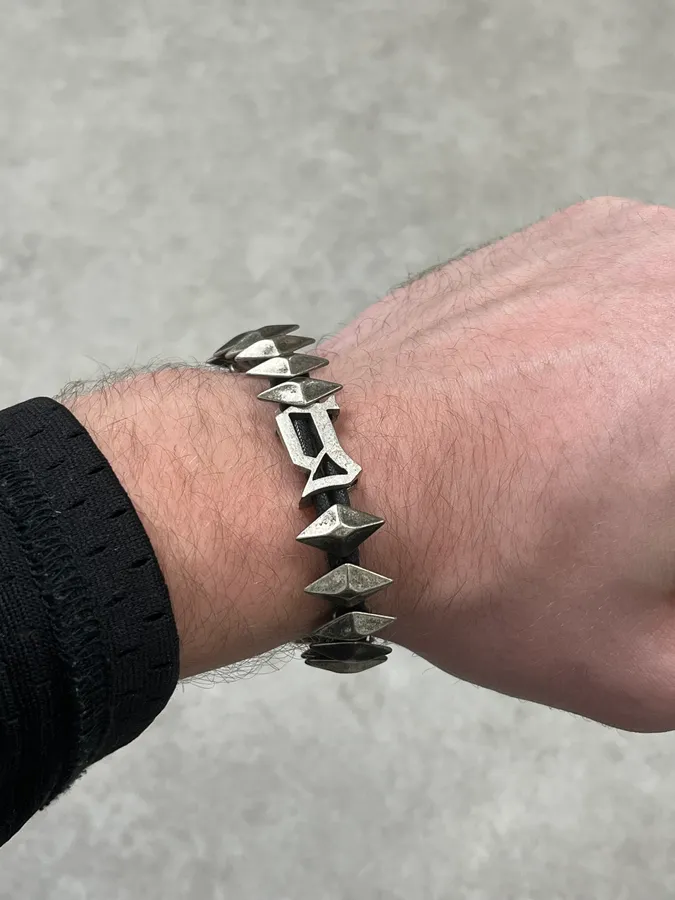 John Galliano Silver Leather Studded Bracelet - Image 4