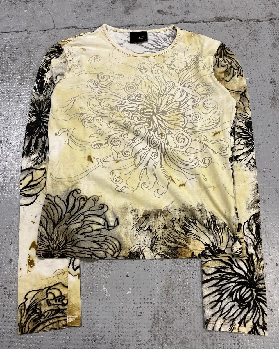 Just Cavalli Asian Ink Flower Beige Longsleeve T-Shirt - Image 4